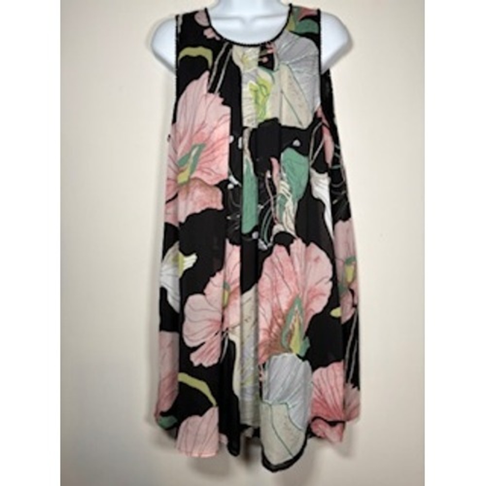 UMGEE Shift Dress Medium Black Pink Floral Sleeveless Summer Garden Party Boho